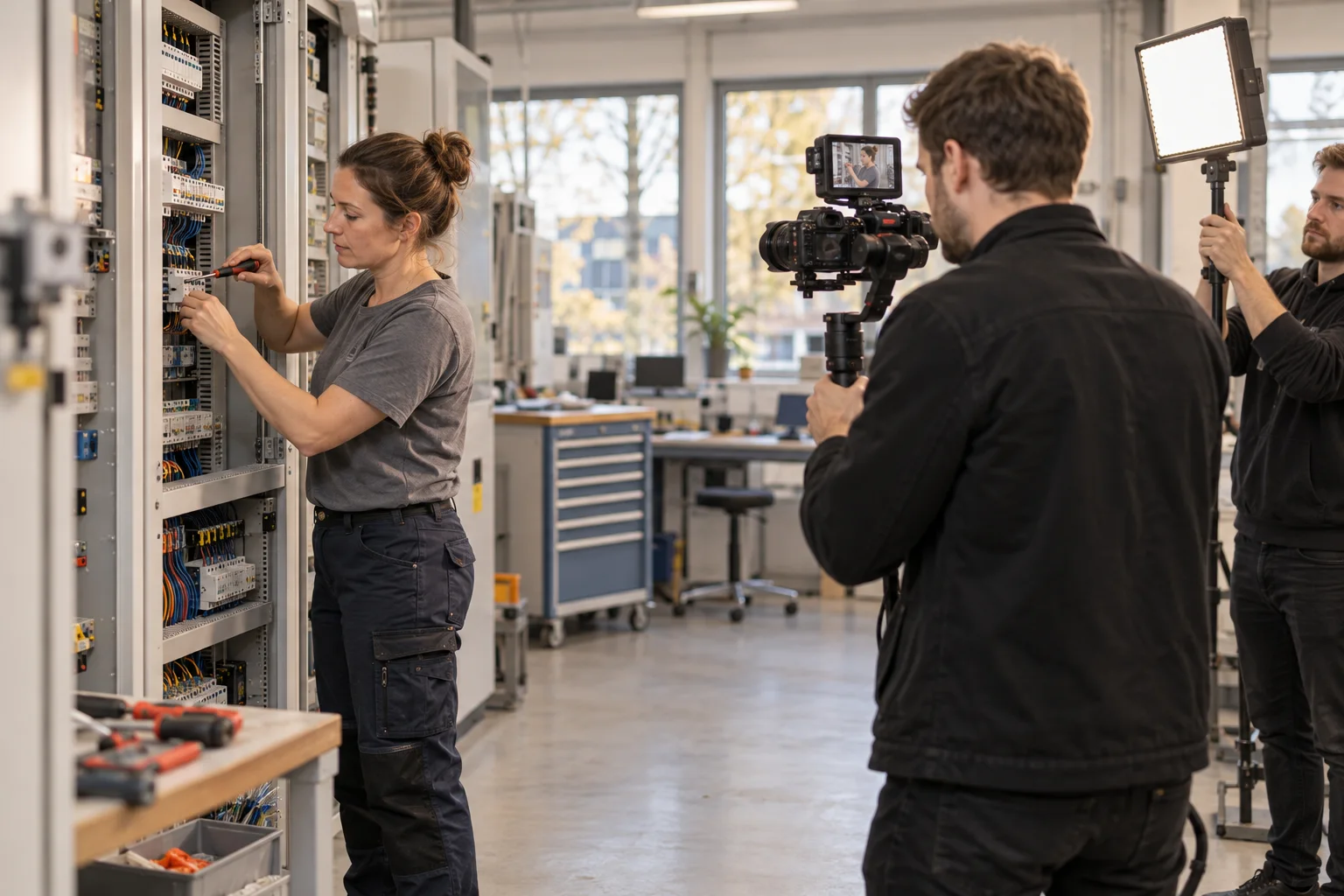 Drehtag für ein Recruiting Video: Ein Kameramann filmt eine Elektronikerin bei der Verdrahtung eines Schaltschranks, ein Kollege hält das Licht