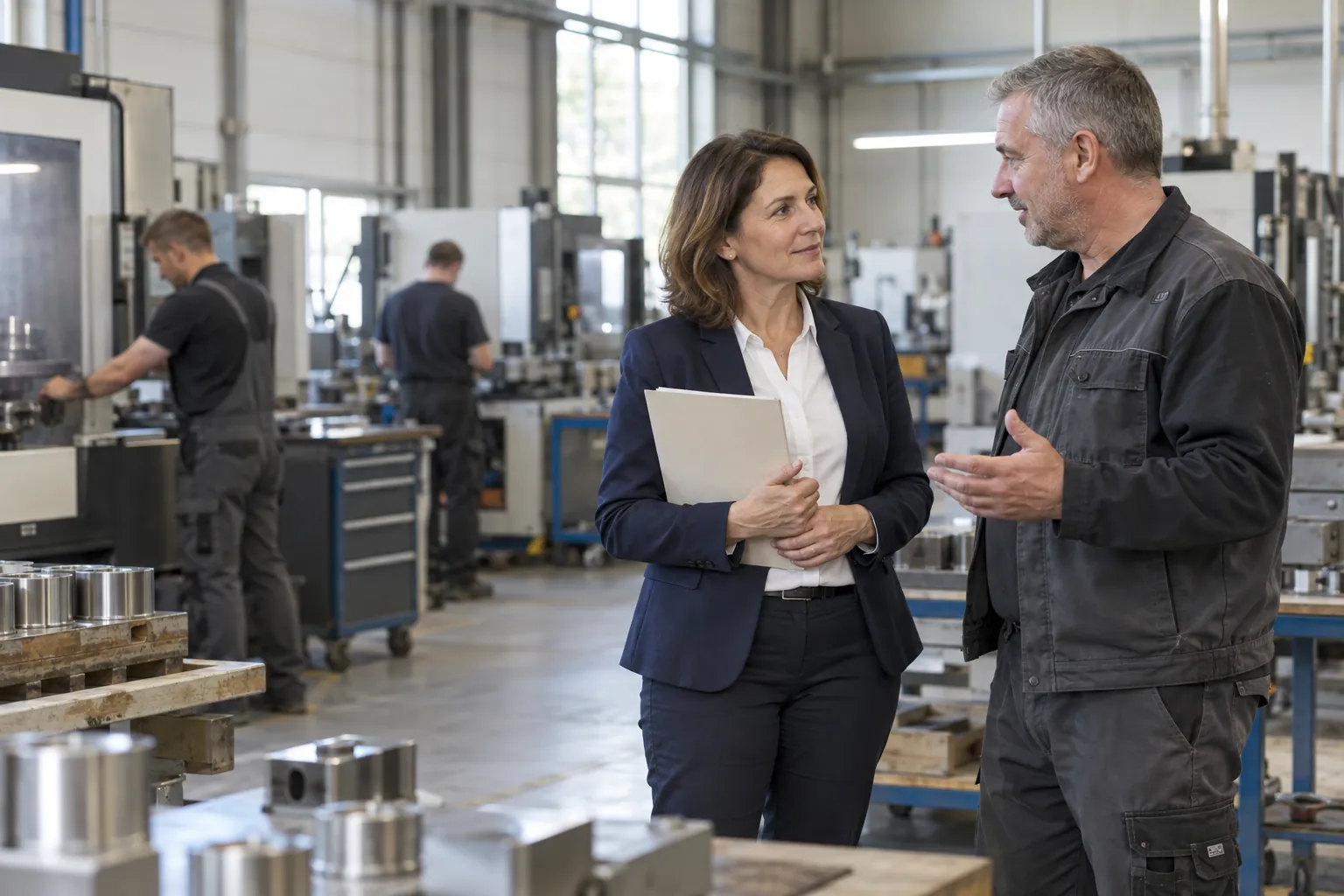 Geschäftsführerin eines mittelständischen Metallbetriebs bespricht mit dem Meister in der Werkhalle, welche Fachkräfte fehlen