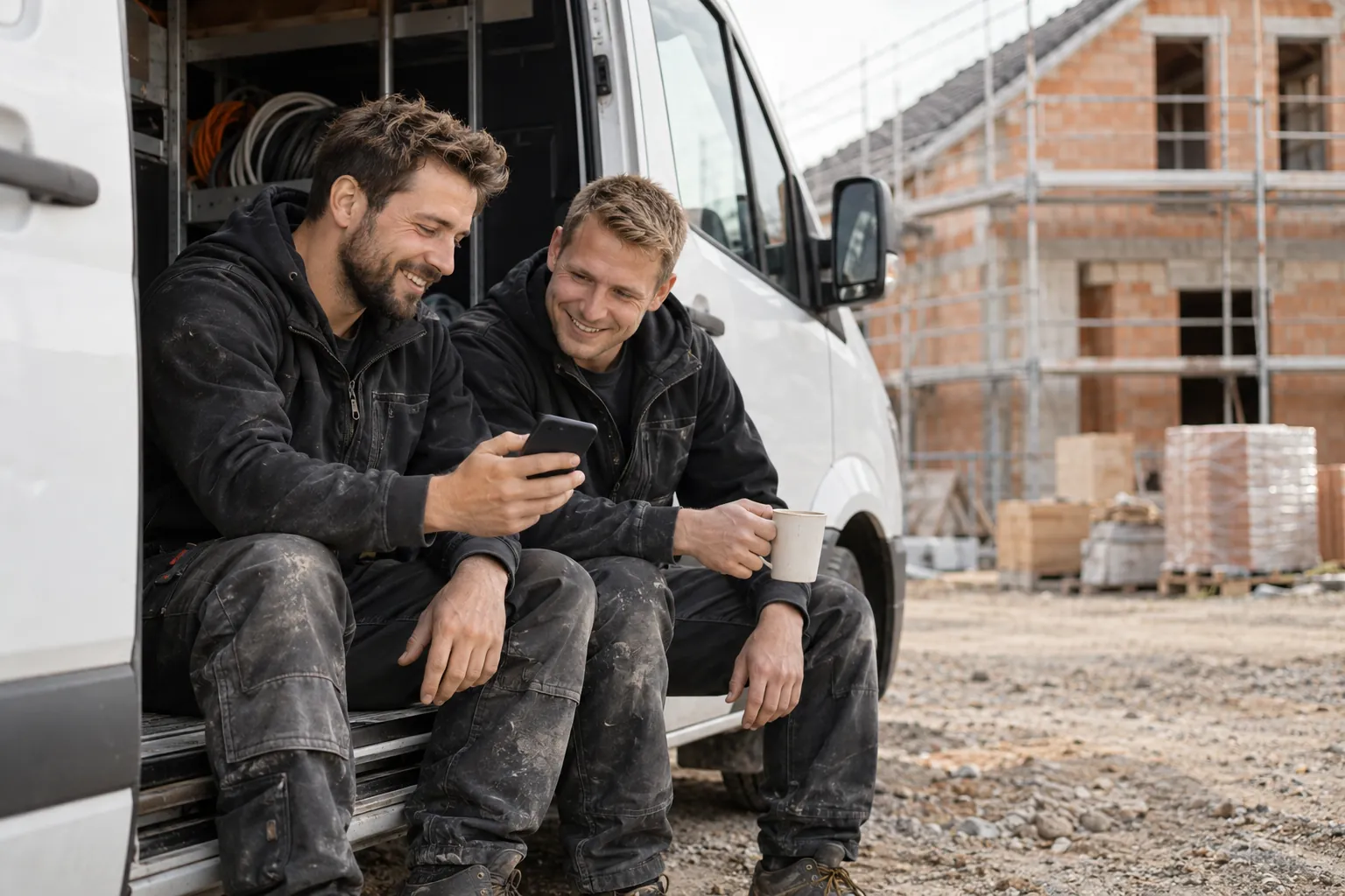 Zwei Elektriker in der Pause am Transporter auf der Baustelle, einer zeigt dem anderen etwas auf dem Smartphone