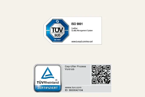 Siegel TÜV SÜD ISO 9001 und TÜV Rheinland Geprüfter Prozess