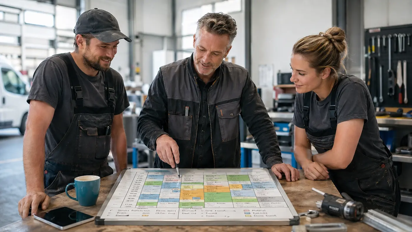 Drei Handwerker besprechen in der Werkstatt einen detaillierten Wochenplan für die 4-Tage-Woche – Symbolbild für Arbeitszeitmodelle, Teamplanung und Mitarbeiterorganisation im Handwerk