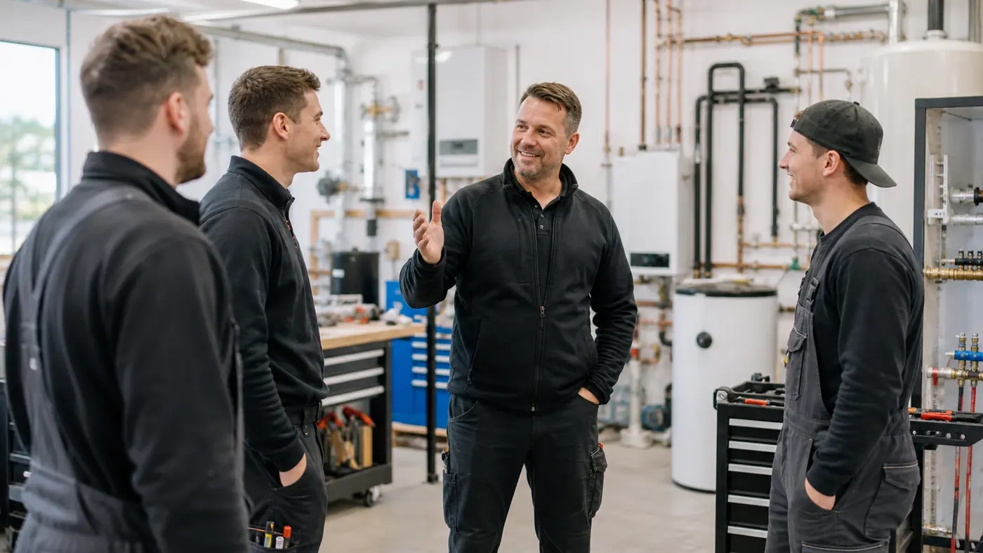 SHK-Team im Technikraum bei gemeinsamer Besprechung zwischen Heizungsanlagen und Werkzeugwagen – Symbolbild für Arbeitgeberattraktivität, Teamkultur und gute Führung im SHK-Handwerk