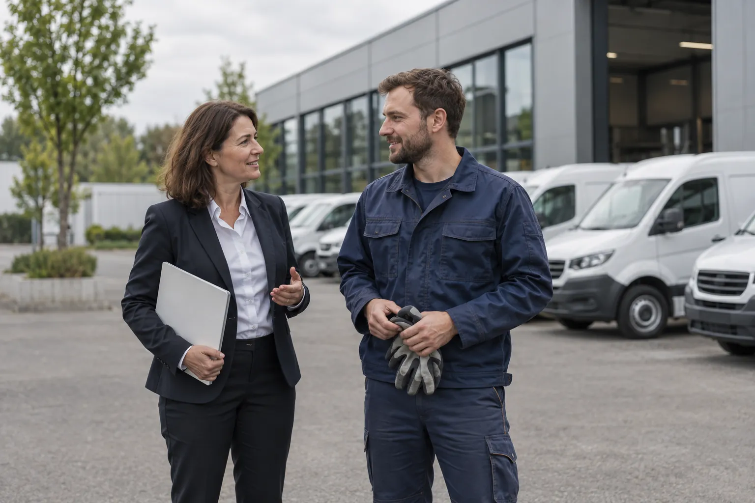 Geschäftsführerin und Servicetechniker im Gespräch auf dem Hof eines Unternehmens, dahinter die Flotte der Servicefahrzeuge