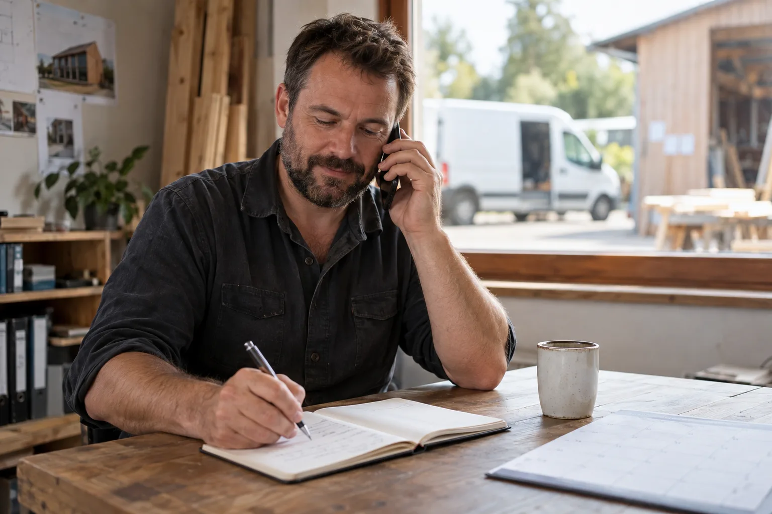 Candidate Flow® System: Betriebsinhaber telefoniert mit einem vorqualifizierten Kandidaten, hinter ihm die Werkstatt