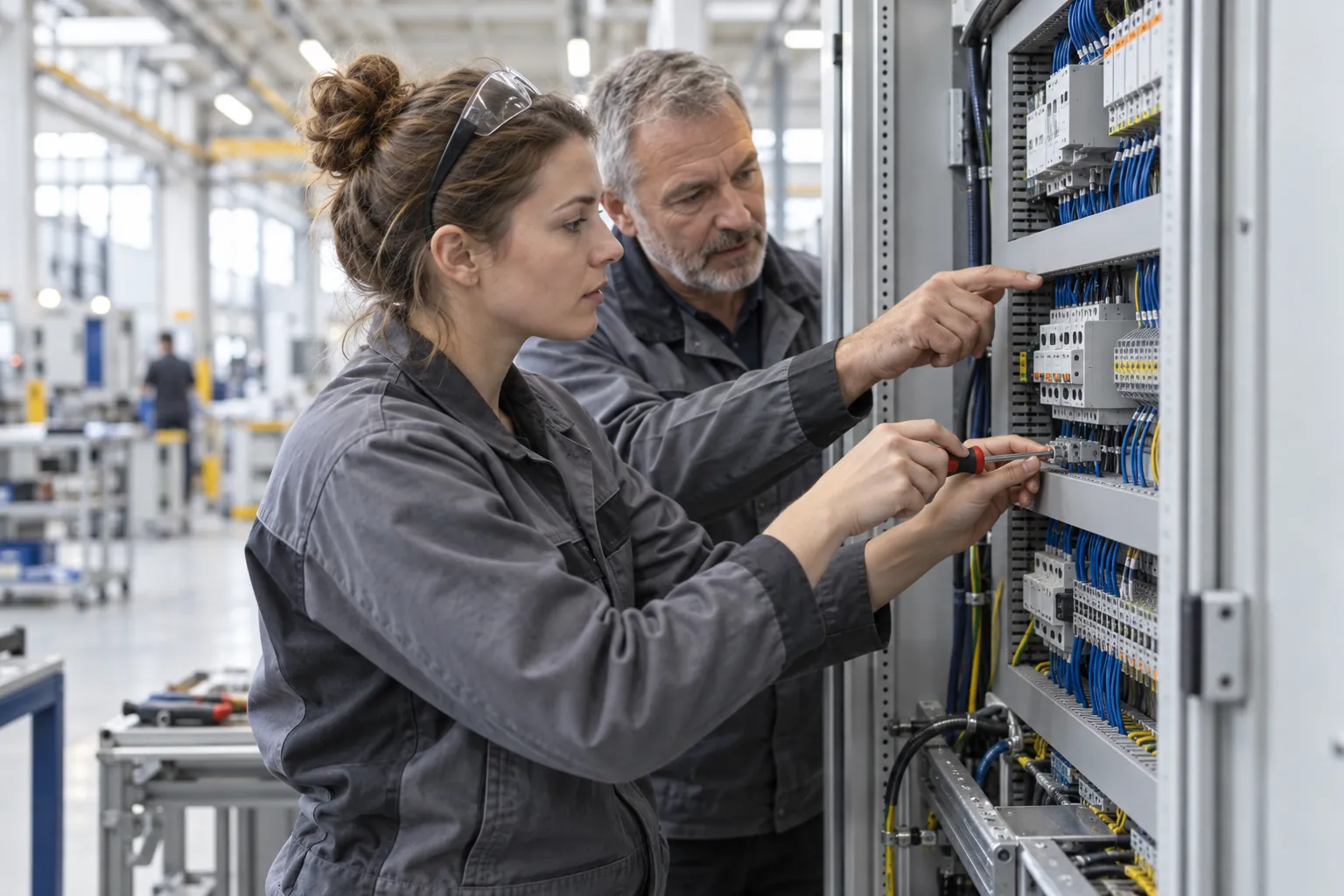 Elektronikerin und Kollege prüfen gemeinsam einen geöffneten Schaltschrank in einer Produktionshalle