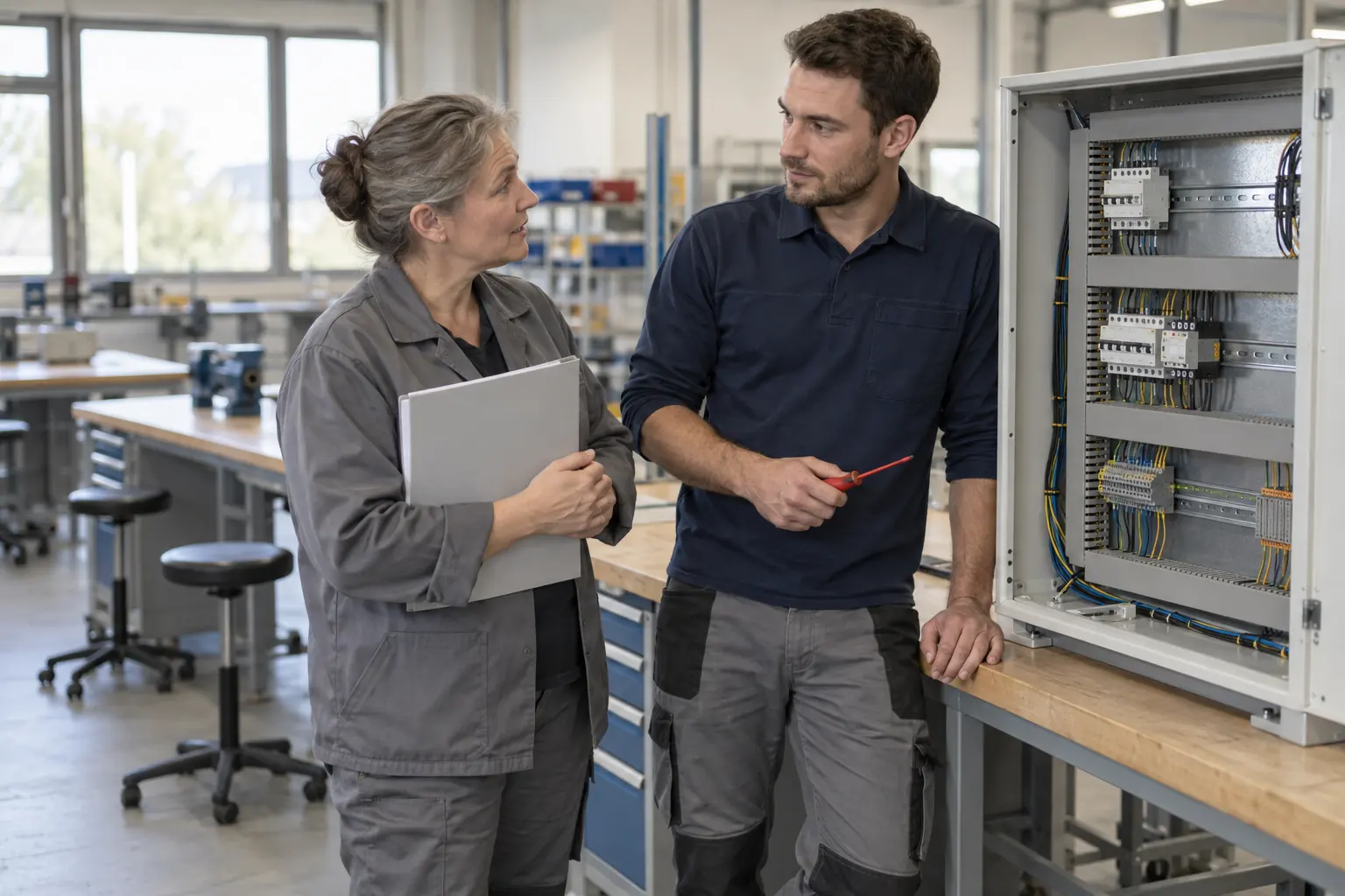 Elektromeisterin und Elektroniker besprechen in einer Werkstatt einen offenen Schaltschrank vor leeren Arbeitsplätzen