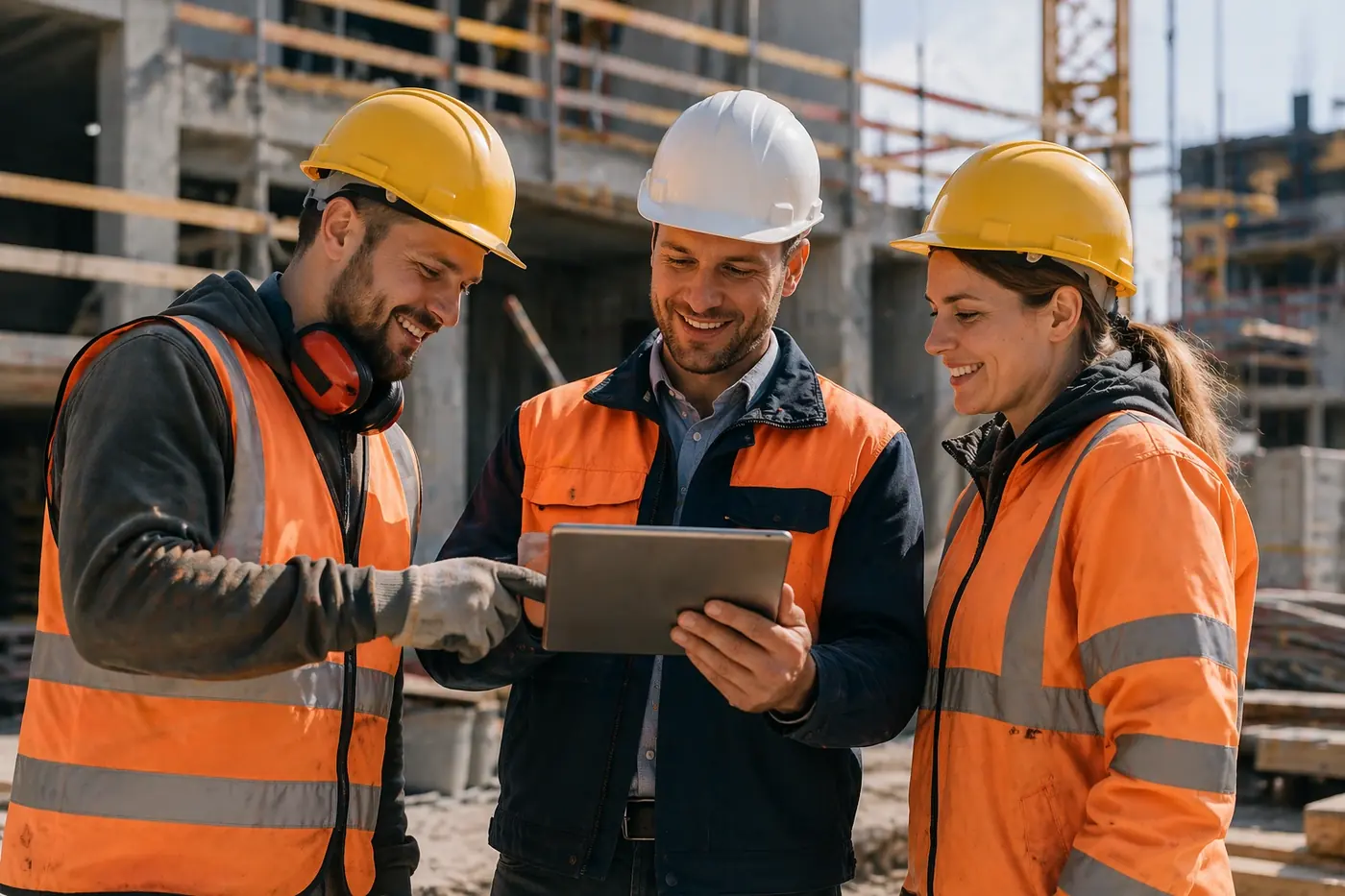 Drei qualifizierte Fachkräfte im Baugewerbe mit Tablet auf moderner Baustelle – Symbolbild für Mitarbeitergewinnung, Social Recruiting und Fachkräftesuche im Bauunternehmen