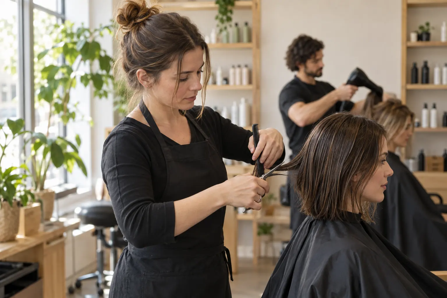 Friseurin schneidet einer Kundin im Salon die Haare, im Hintergrund föhnt ein Kollege einer anderen Kundin die Haare