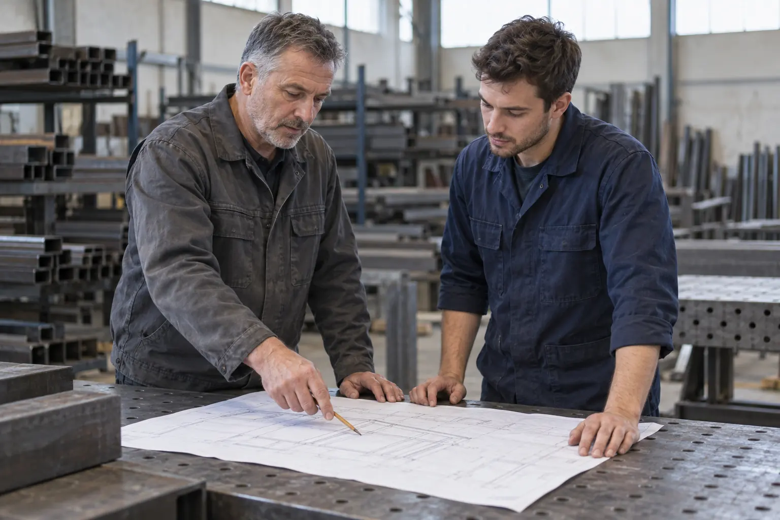 Metallbaumeister bespricht mit einem Gesellen in der Werkstatt eine Konstruktionszeichnung auf Papier