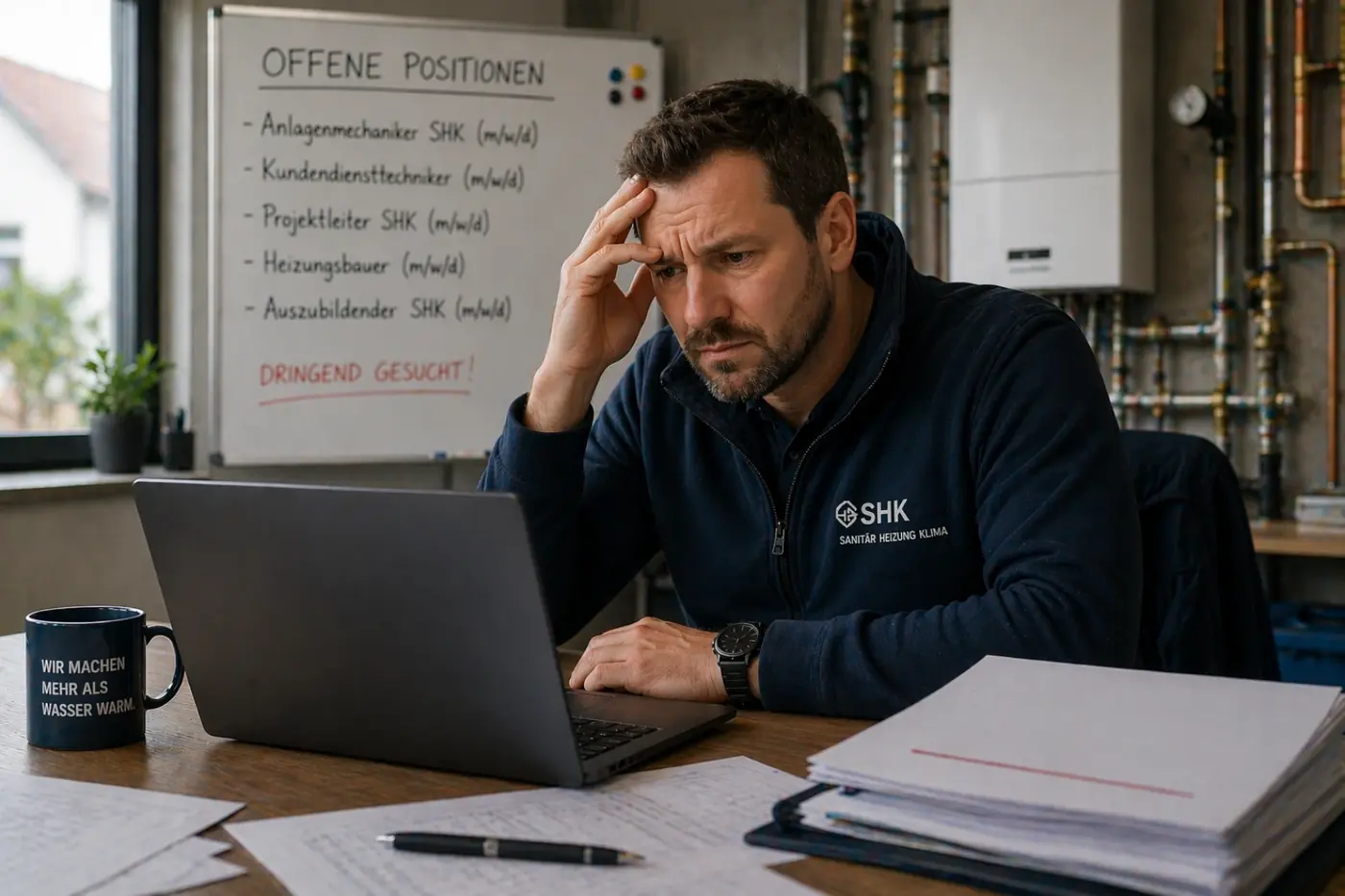 Gestresster SHK-Inhaber sitzt im Büro vor dem Laptop, während ein Whiteboard mit offenen Positionen im Hintergrund den Fachkräftemangel und die Personalprobleme im Handwerksbetrieb zeigt.