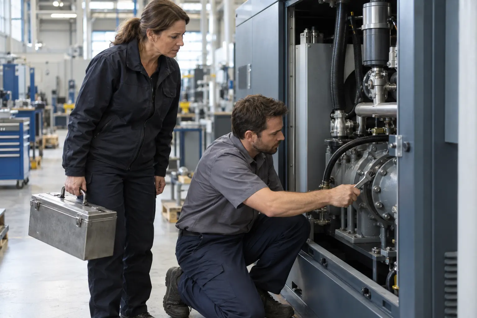 Serviceleiterin mit Werkzeugkoffer und Servicetechniker am geöffneten Industriekompressor in einer Maschinenbauhalle