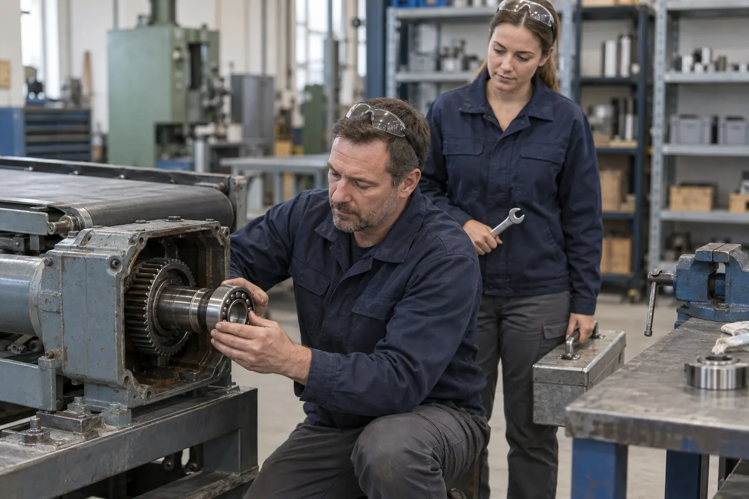Industriemechaniker setzt in der Werkstatt ein Kugellager auf eine Getriebewelle, Kollegin hält Werkzeugkoffer