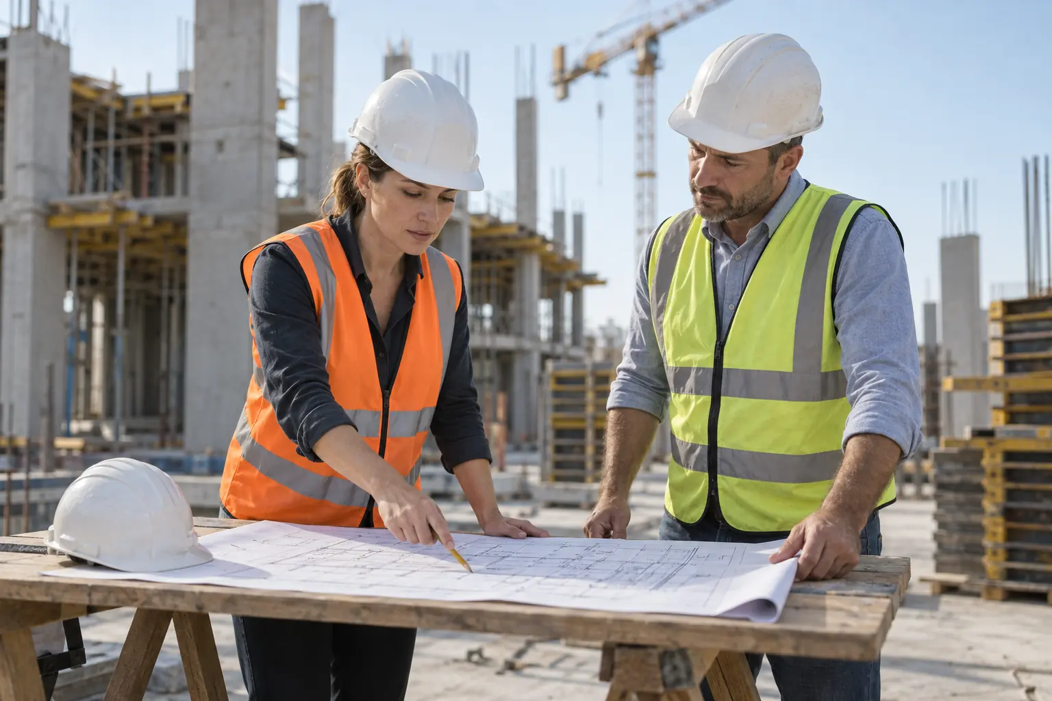 Bauingenieurin und Bauleiter besprechen auf einer Baustelle einen ausgedruckten Ausführungsplan neben einem Rohbau