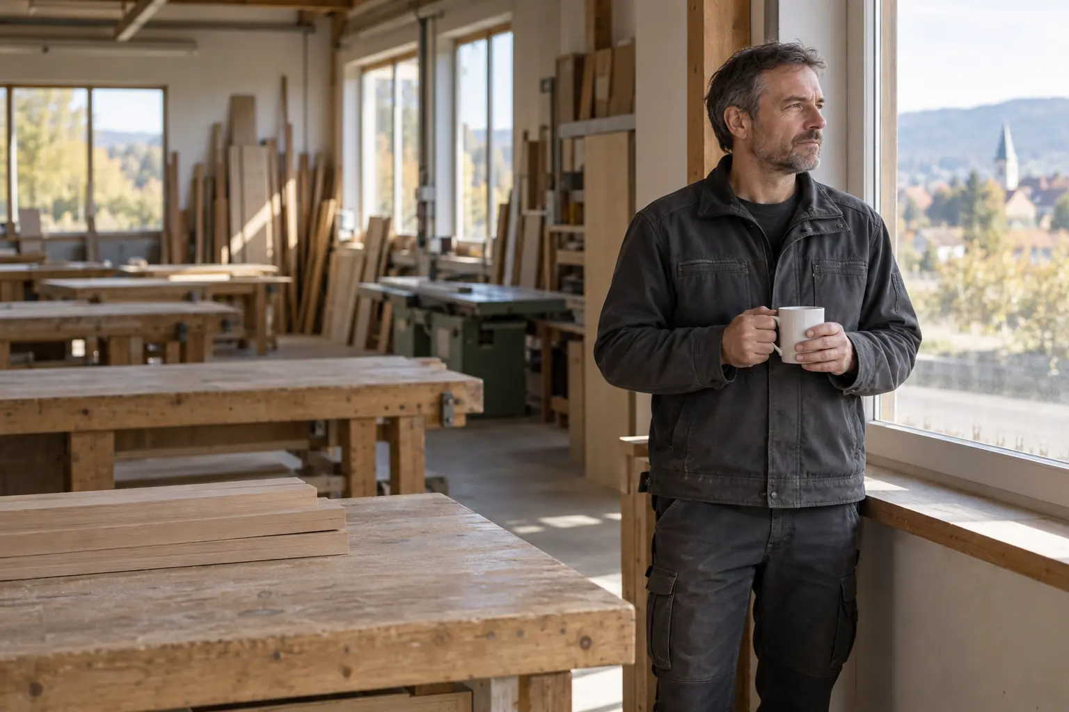 Inhaber einer Tischlerei steht nachdenklich mit einem Kaffeebecher am Fenster seiner Werkstatt mit leeren Hobelbänken