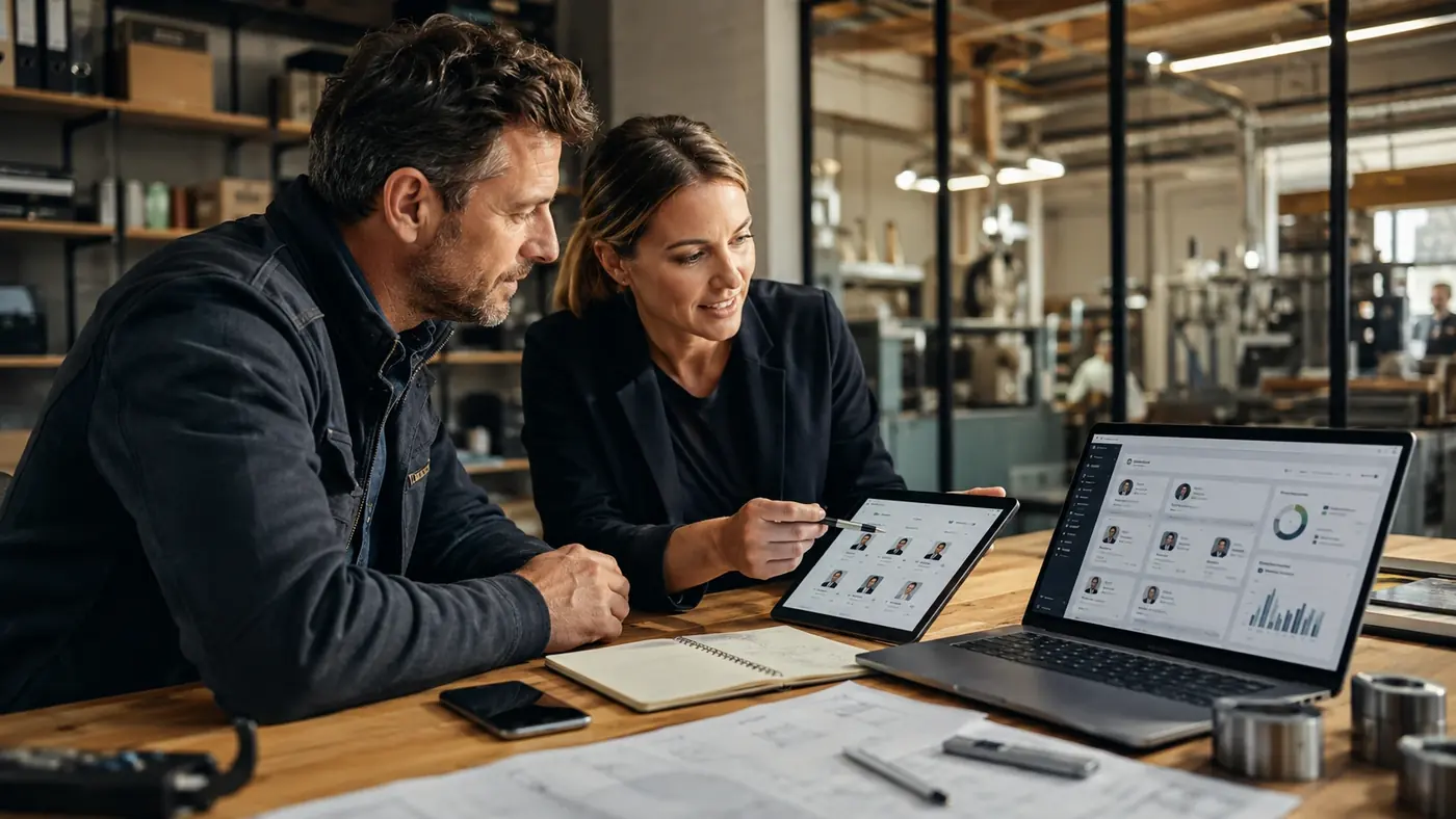 Recruiting-Verantwortliche analysieren Bewerberprofile und Recruiting-Daten auf Laptop und Tablet in modernem Industrie-Büro – Symbolbild für KI im Recruiting, digitale Vorqualifizierung und Mitarbeitergewinnung