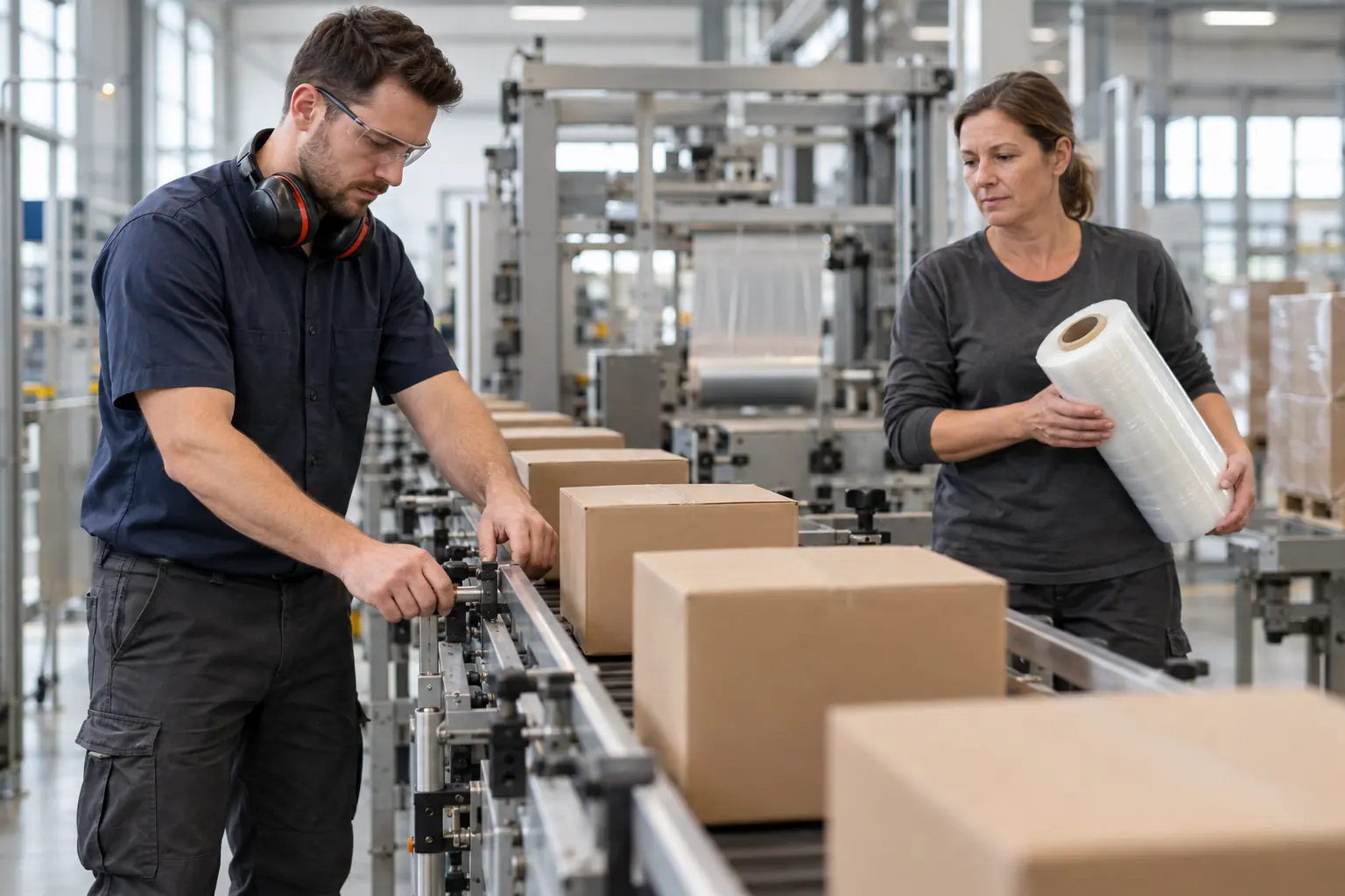 Anlagenführer stellt an einer Verpackungslinie die Seitenführung des Förderbands ein, Kollegin hält eine Rolle Stretchfolie
