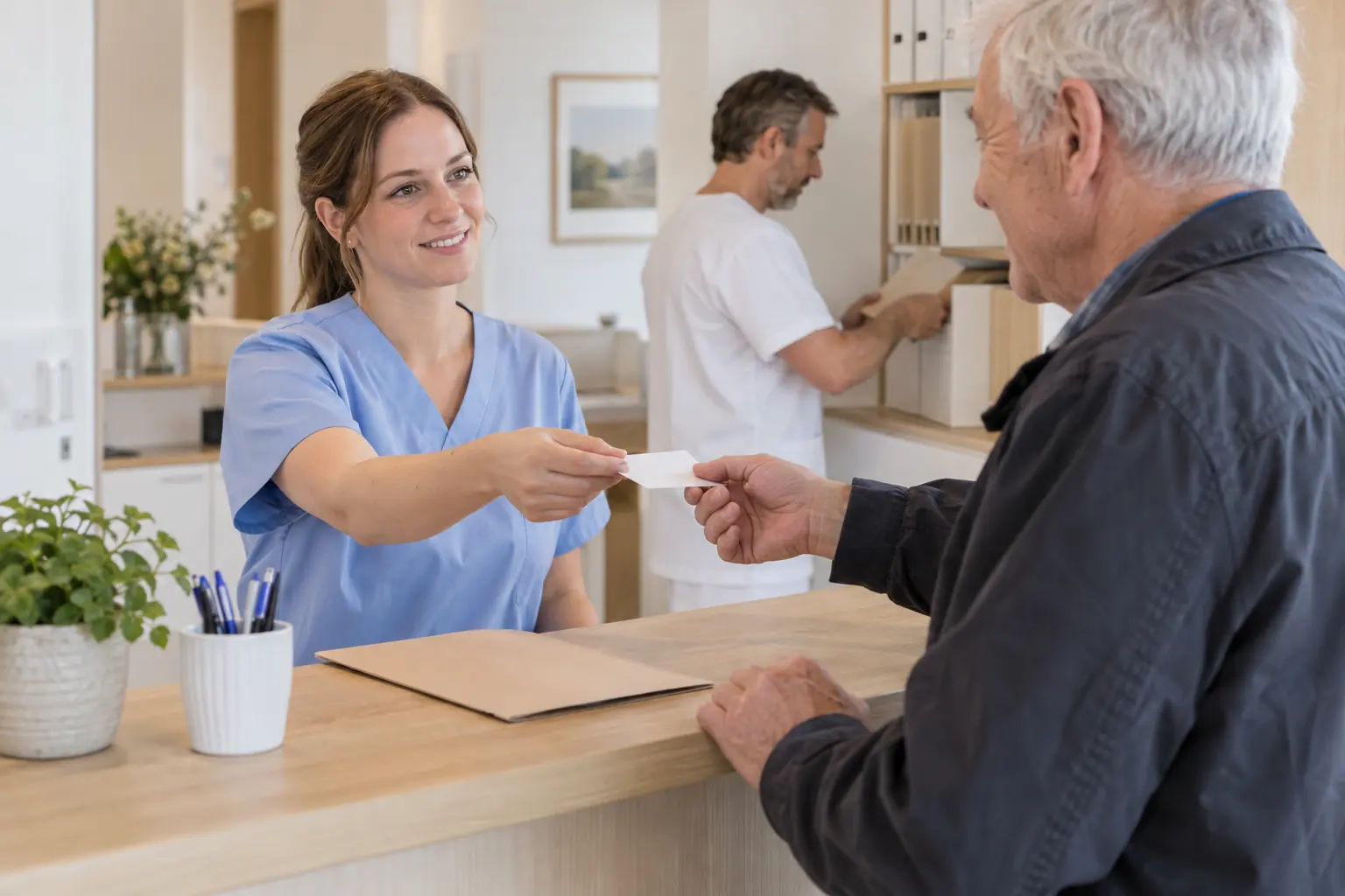 Medizinische Fachangestellte reicht einem älteren Patienten am Empfang einer Hausarztpraxis eine Terminkarte