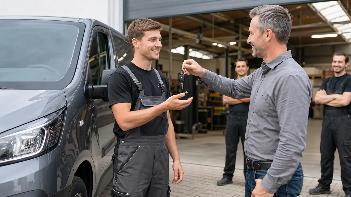 Chef übergibt Mitarbeiter vor Werkstatt den Schlüssel für einen Firmenwagen – Symbolbild für attraktive Mitarbeiter-Benefits im Handwerk und moderne Arbeitgebervorteile