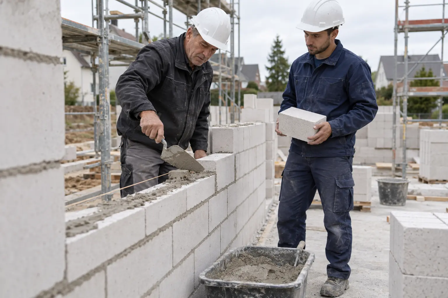Maurer zeigt einem neuen Kollegen auf der Baustelle, wie er Mörtel mit der Kelle auf eine Steinreihe aufträgt