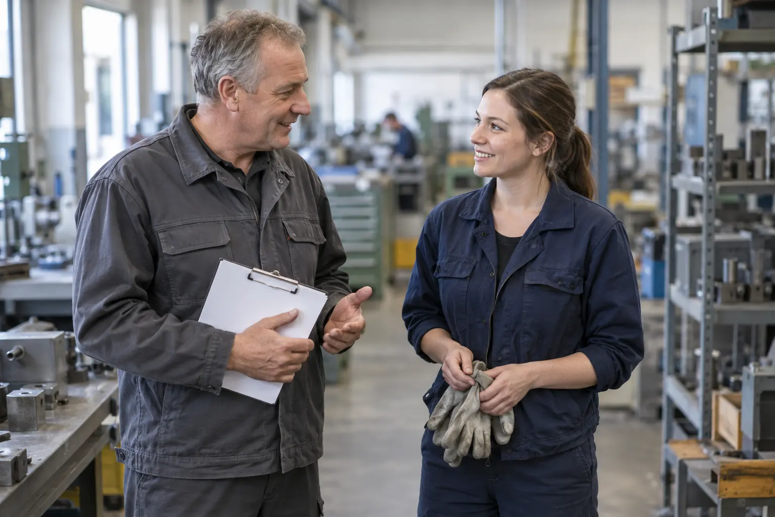 Meister im Gespräch mit einer jungen Fachkraft in der Produktionshalle, beide lächeln