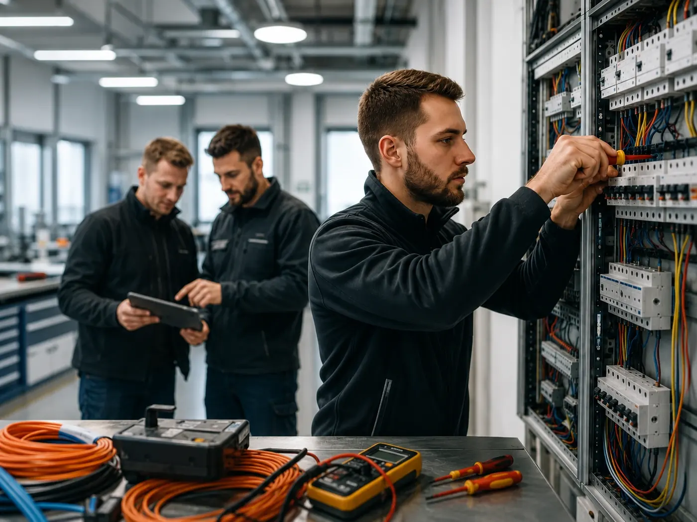 Qualifizierte Elektroniker im Elektrobetrieb bei der Arbeit am Schaltschrank – Symbolbild für Mitarbeitergewinnung im Elektrohandwerk