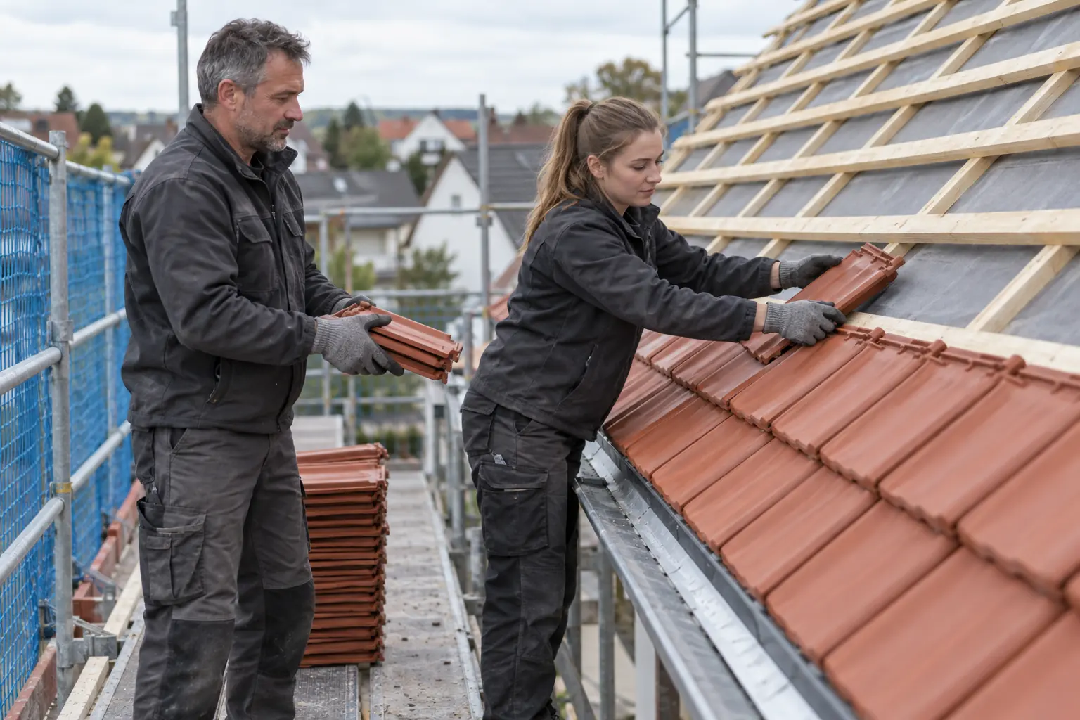 Dachdeckerin hängt auf dem Gerüst an der Traufe einen Tondachziegel ein, ihr Kollege reicht die nächsten Ziegel an