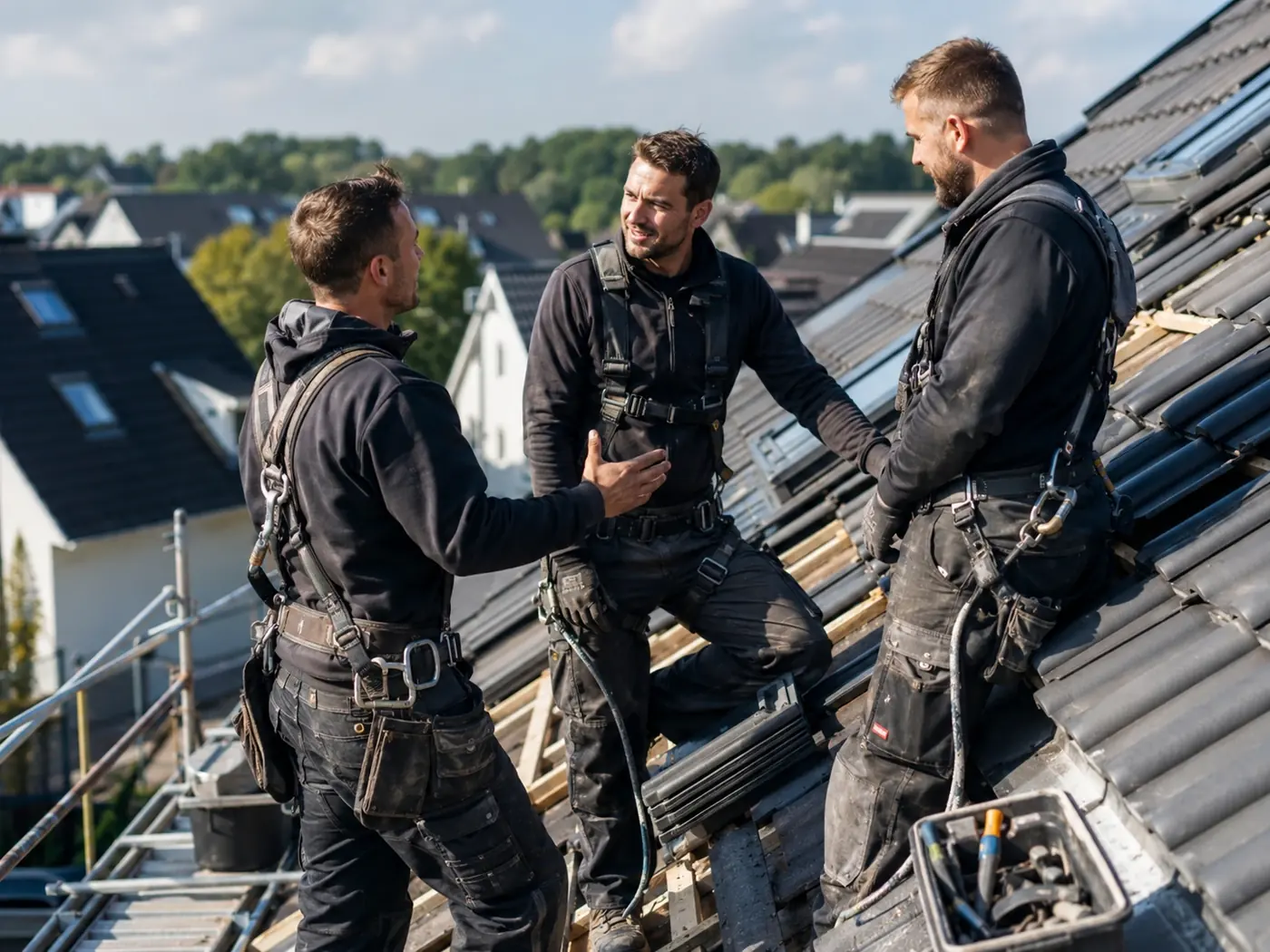 Drei qualifizierte Dachdecker besprechen die Arbeiten auf einem Steildach mit Sicherungsausrüstung – Symbolbild für Mitarbeitergewinnung, Teamarbeit und Fachkräfte im Dachdeckerbetrieb