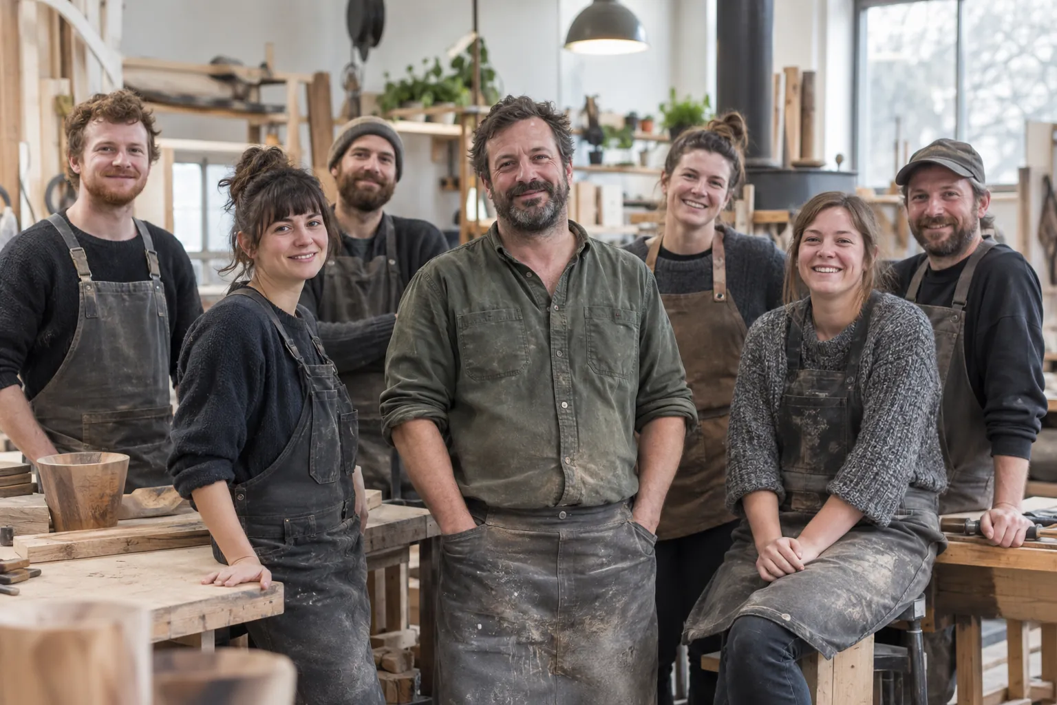 Inhaber eines Handwerksbetriebs mit seinem Team in der Werkstatt