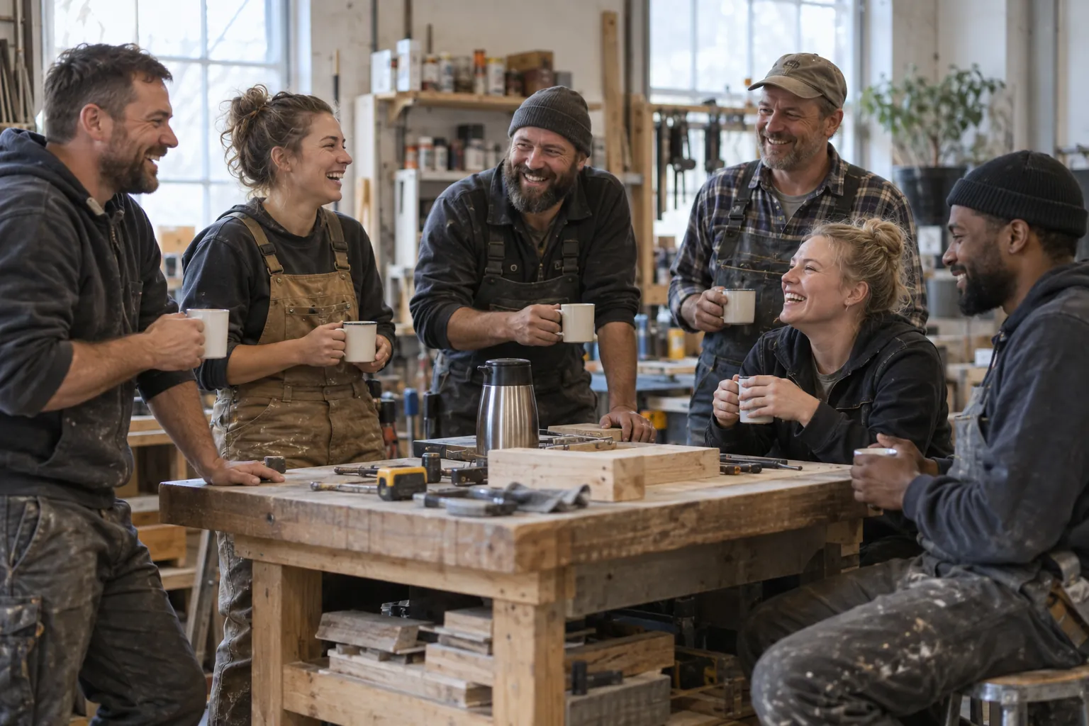Team eines Betriebs bei der gemeinsamen Frühstückspause in der Werkstatt