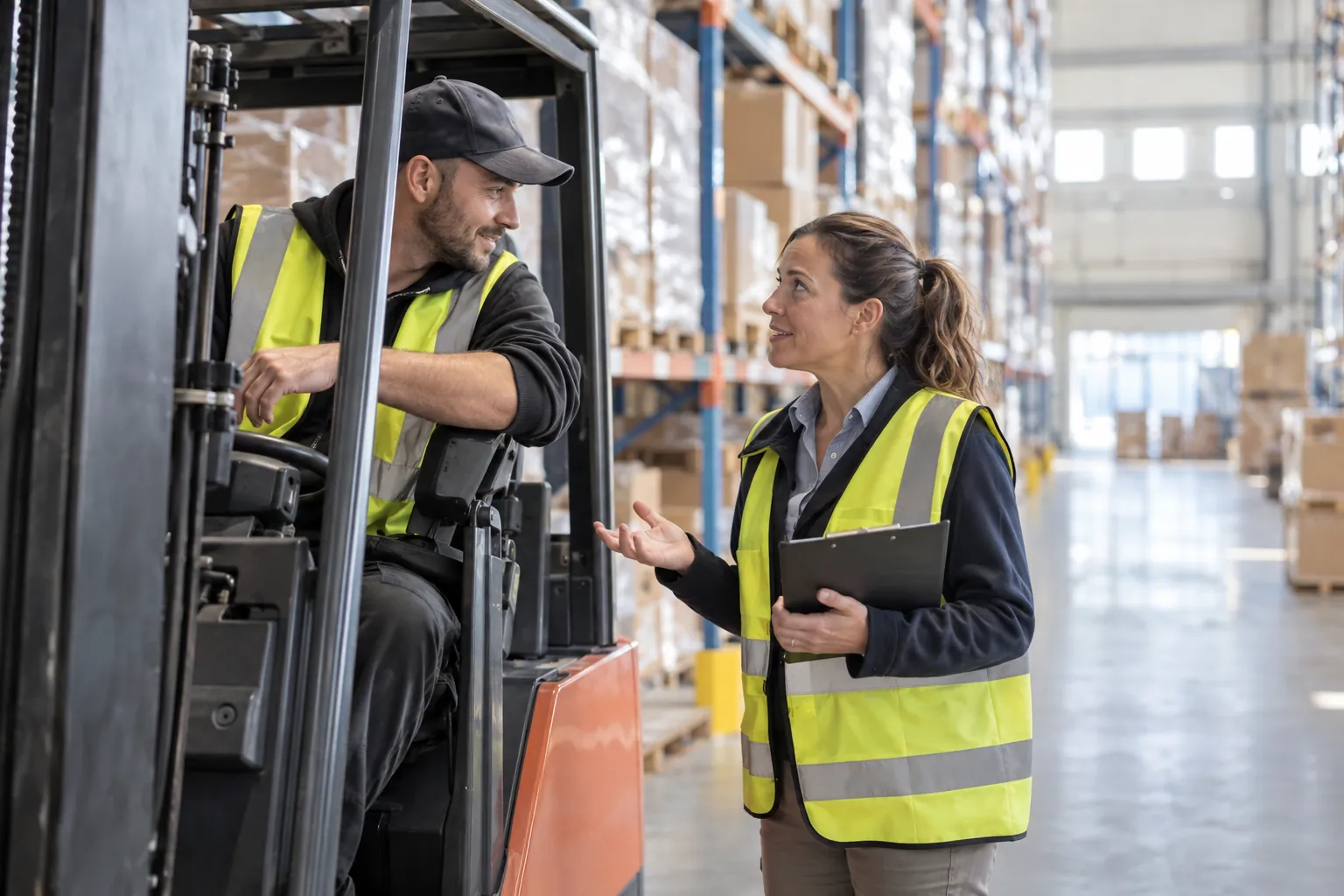 Staplerfahrer und Schichtleiterin im Logistiklager