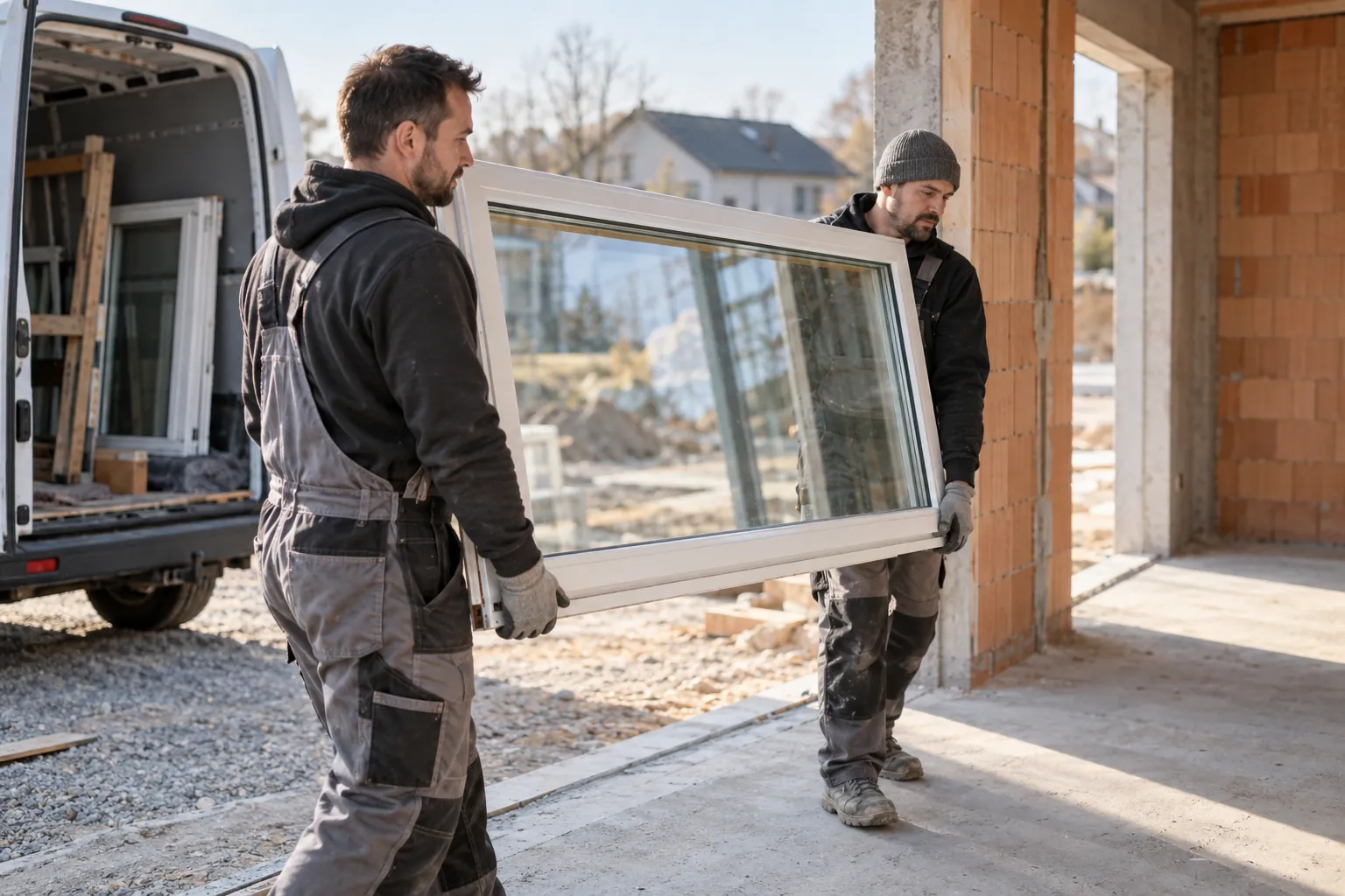 Zwei Monteure tragen ein Fensterelement in einen Neubau