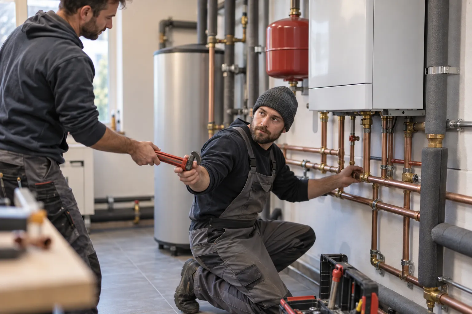 Anlagenmechaniker SHK installieren eine Heizungsanlage im Technikraum