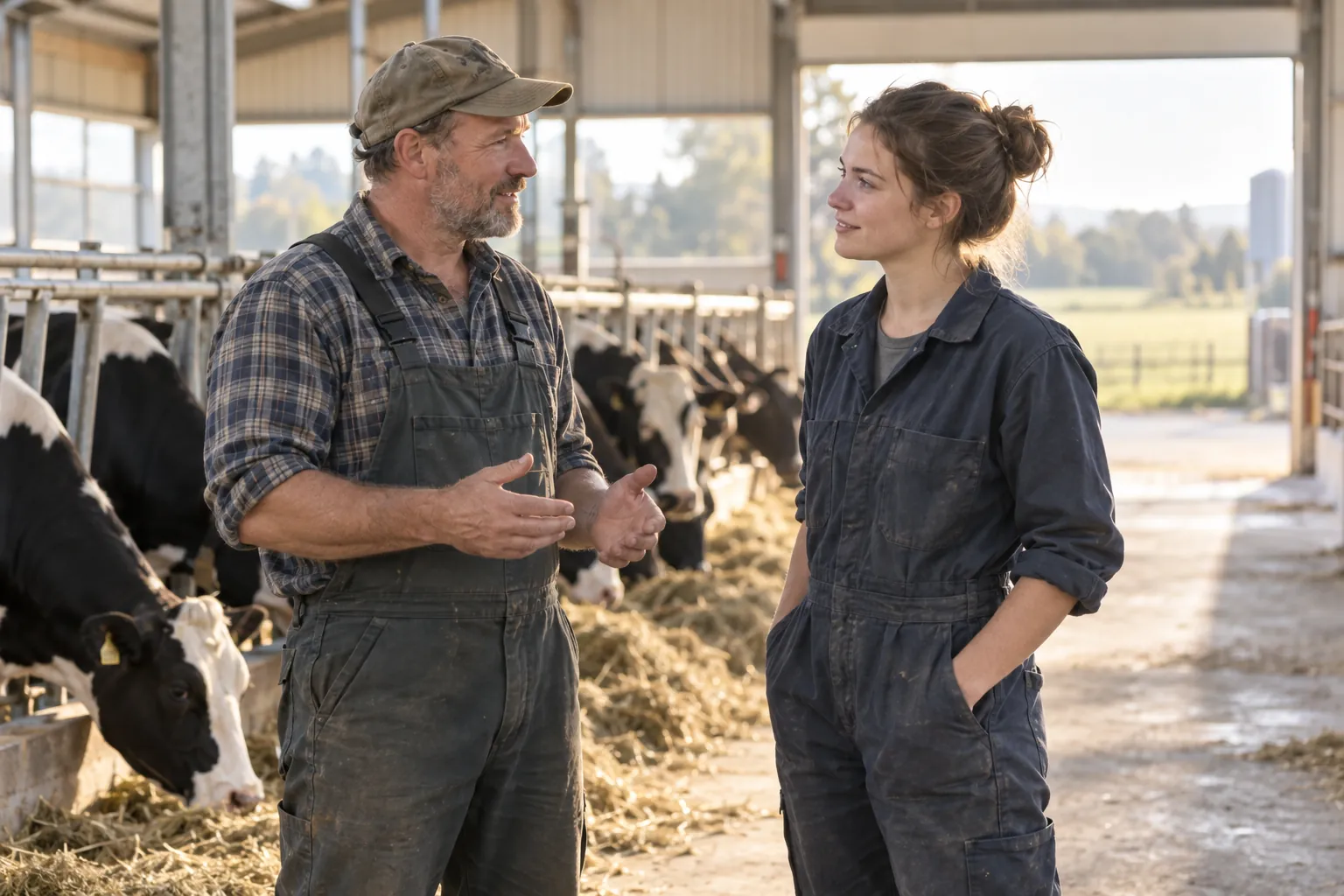 Landwirt und junger Mitarbeiter im Kuhstall