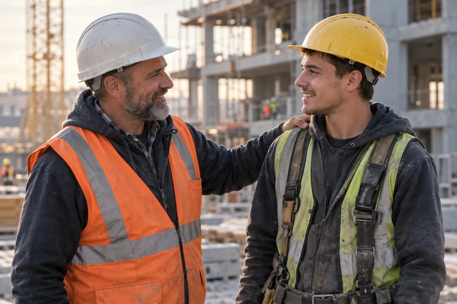 Meister und junger Geselle im Gespräch auf der Baustelle