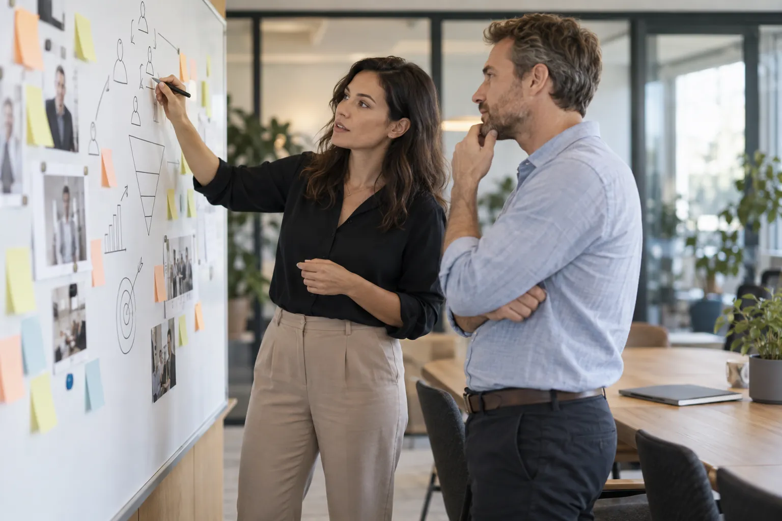 Beraterin und Geschäftsführer planen eine Recruiting-Kampagne am Whiteboard