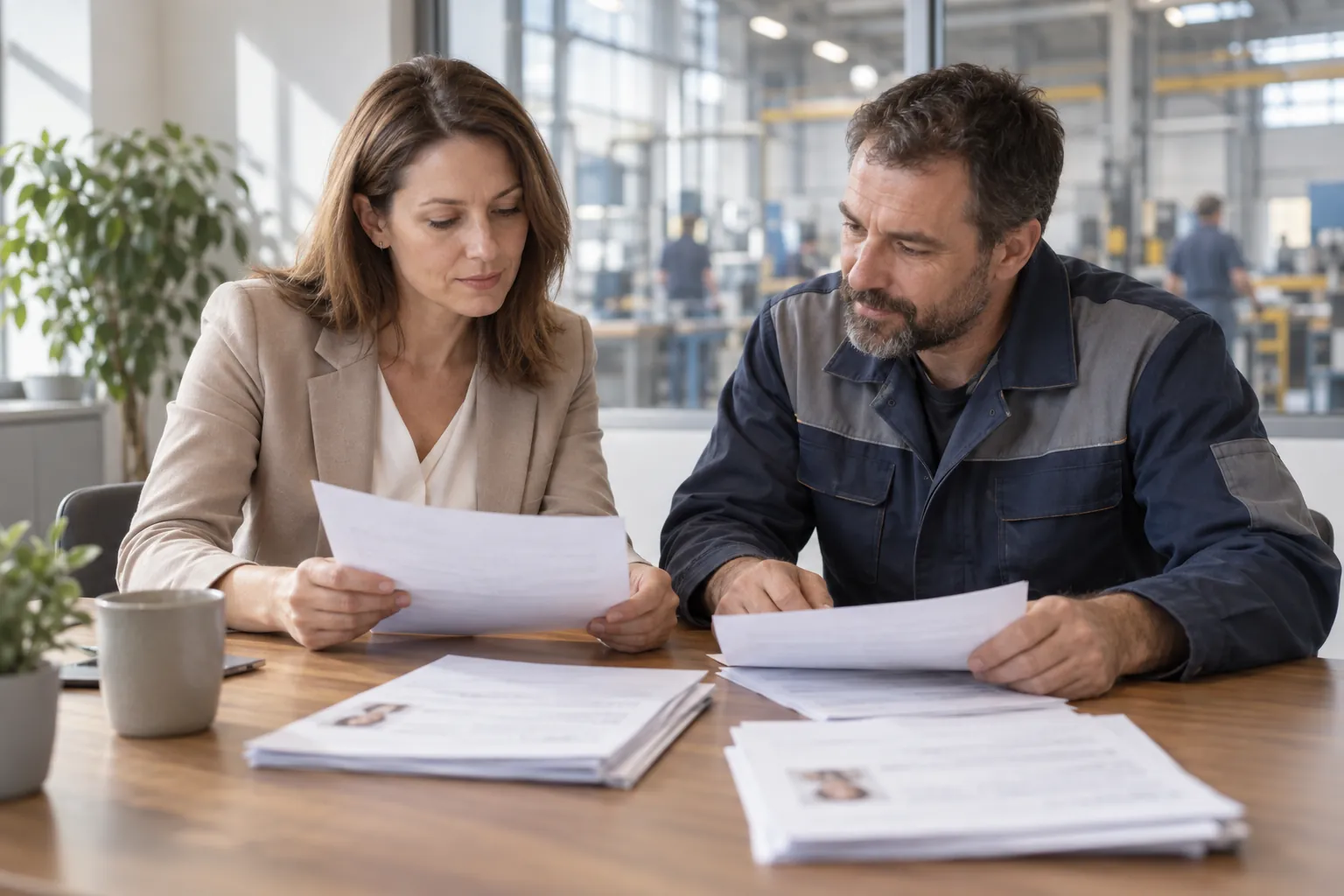 Personalleiterin und Meister sichten Bewerbungen im Büro neben der Produktionshalle