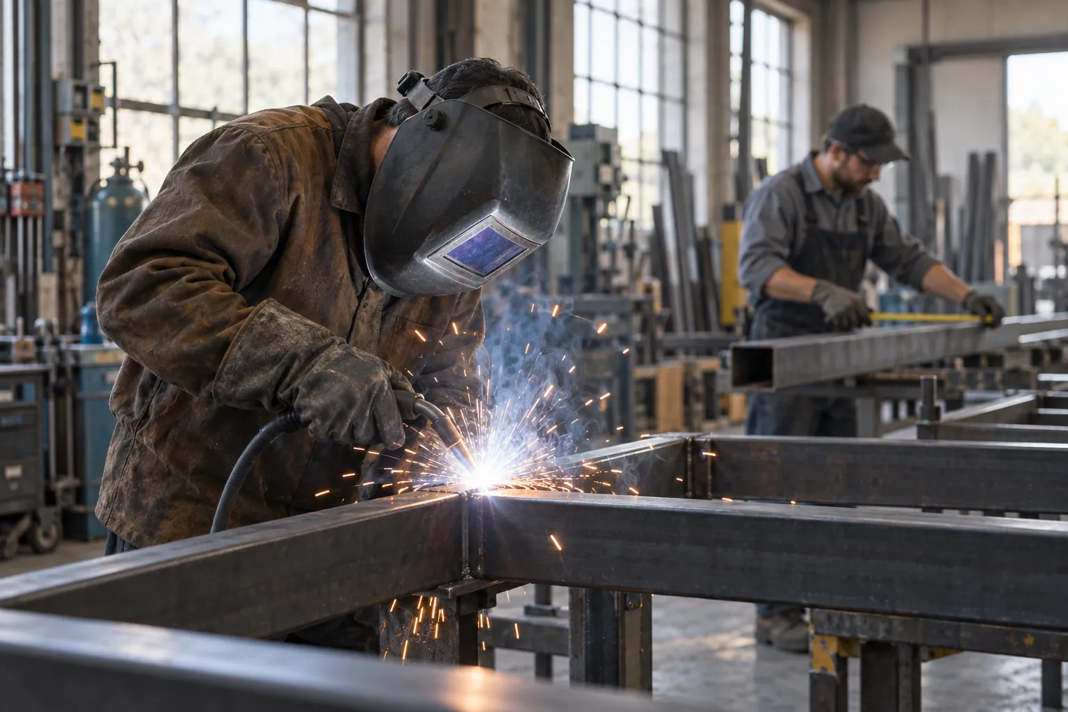 Metallbauer schweißt eine Stahlkonstruktion in der Werkstatt