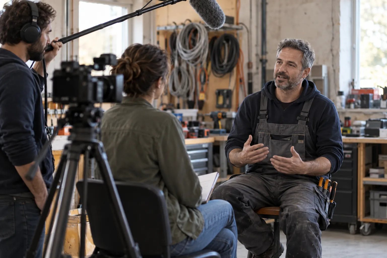 Videoteam filmt ein Interview mit einem Elektriker in seiner Werkstatt