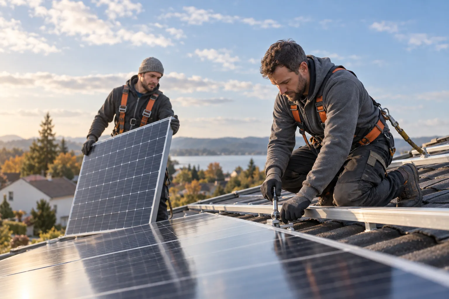 Zwei Solarteure montieren Photovoltaikmodule auf einem Hausdach
