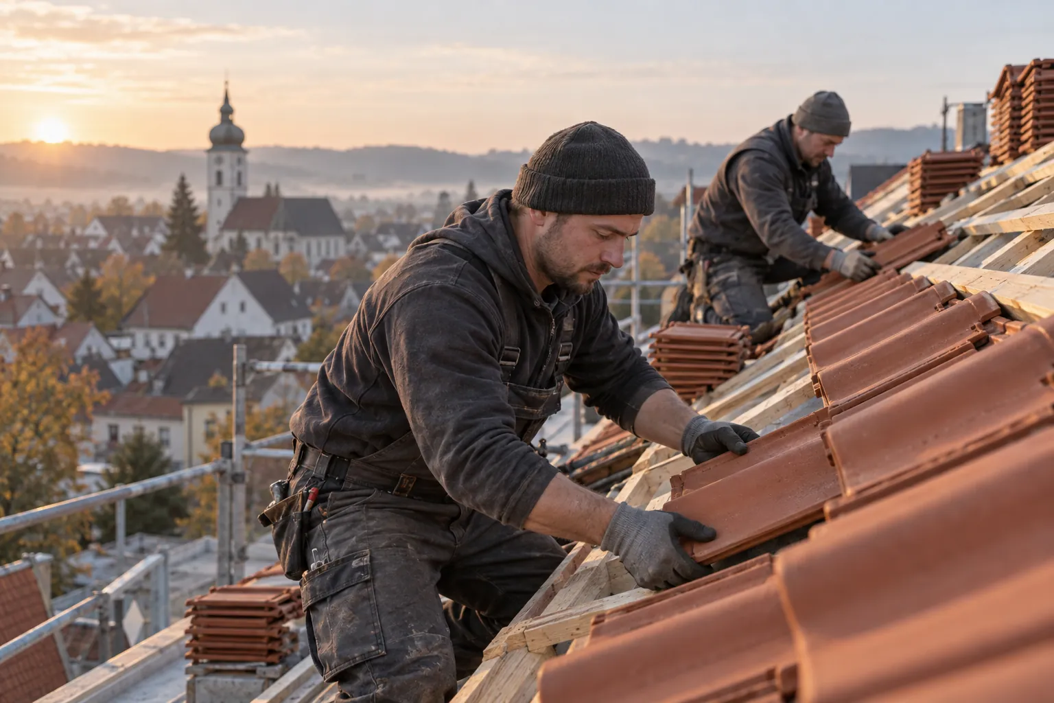 Zwei Dachdecker verlegen am Morgen Dachziegel auf einem Steildach