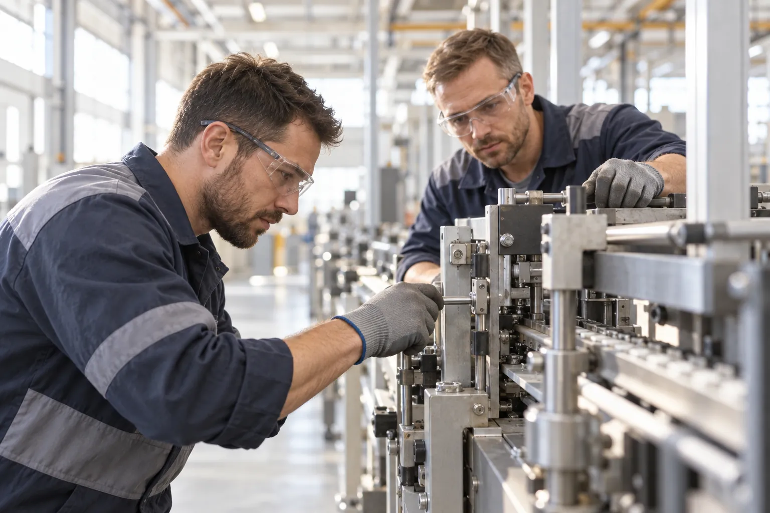 Industriemechaniker justieren eine Maschine in der Produktion