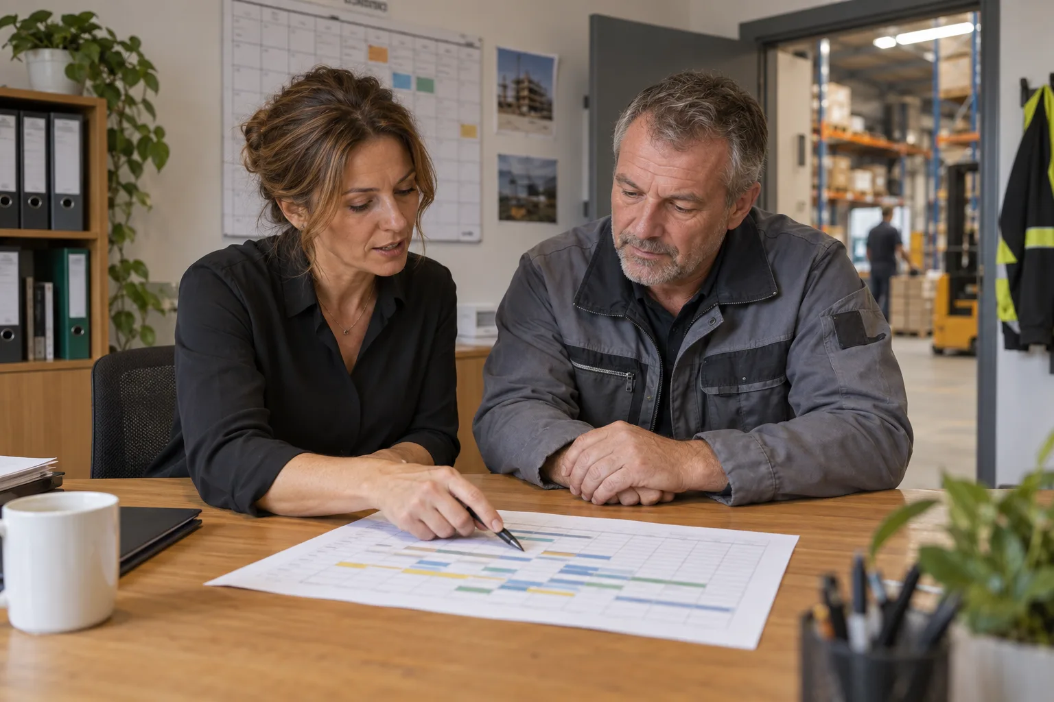 Personalbeschaffung: Geschäftsführerin und Vorarbeiter planen am Tisch die Besetzung mit Personalplan und Kalender