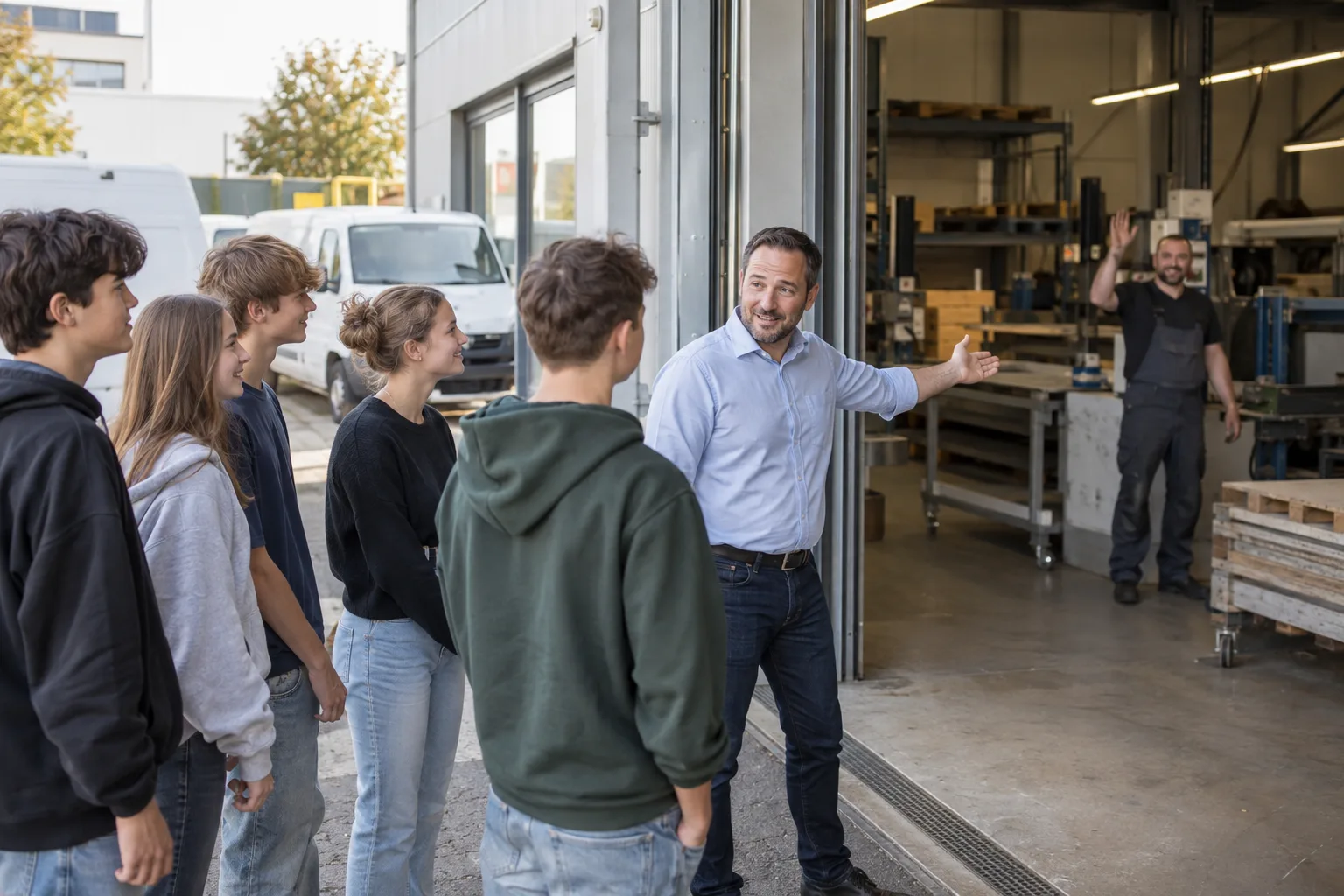Personalmarketing: Unternehmer zeigt einer Gruppe junger Besucher den Betrieb, ein Mitarbeiter winkt aus der Halle