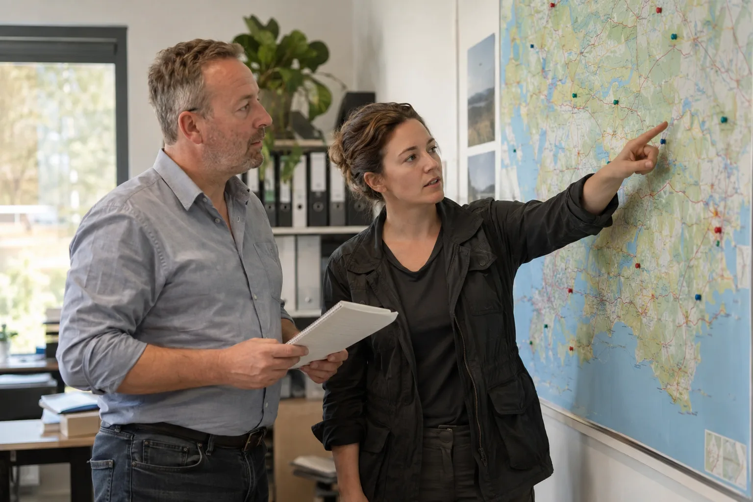 Personalsuche: Inhaber und Mitarbeiterin planen vor einer Regionalkarte mit Stecknadeln, wo sie Fachkräfte ansprechen