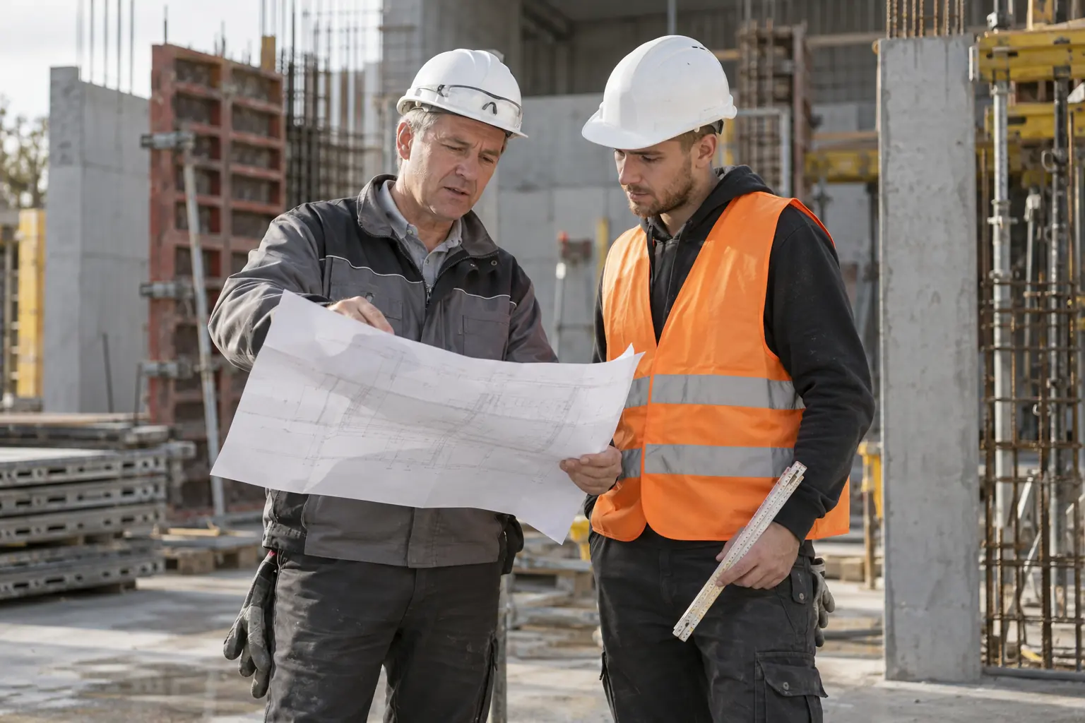 Polier bespricht auf einer Rohbaustelle mit einem neuen Maurer den Bauplan, im Hintergrund Schalung und Bewehrung