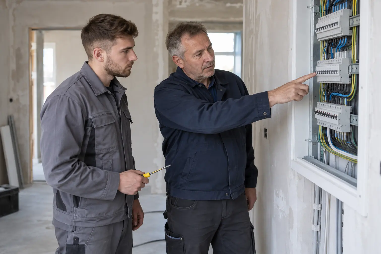 Elektromeister zeigt einem neuen Elektroniker an einer geöffneten Unterverteilung im Rohbau die Verdrahtung