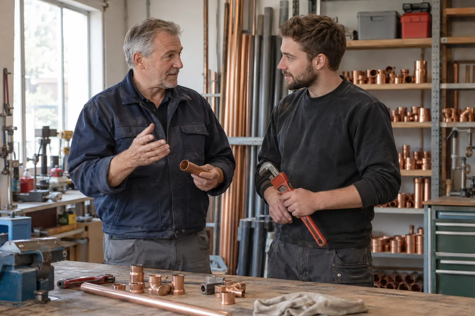 SHK-Meister bespricht in der Werkstatt mit einem jungen Gesellen ein Kupferrohr, der Geselle hält eine Rohrzange