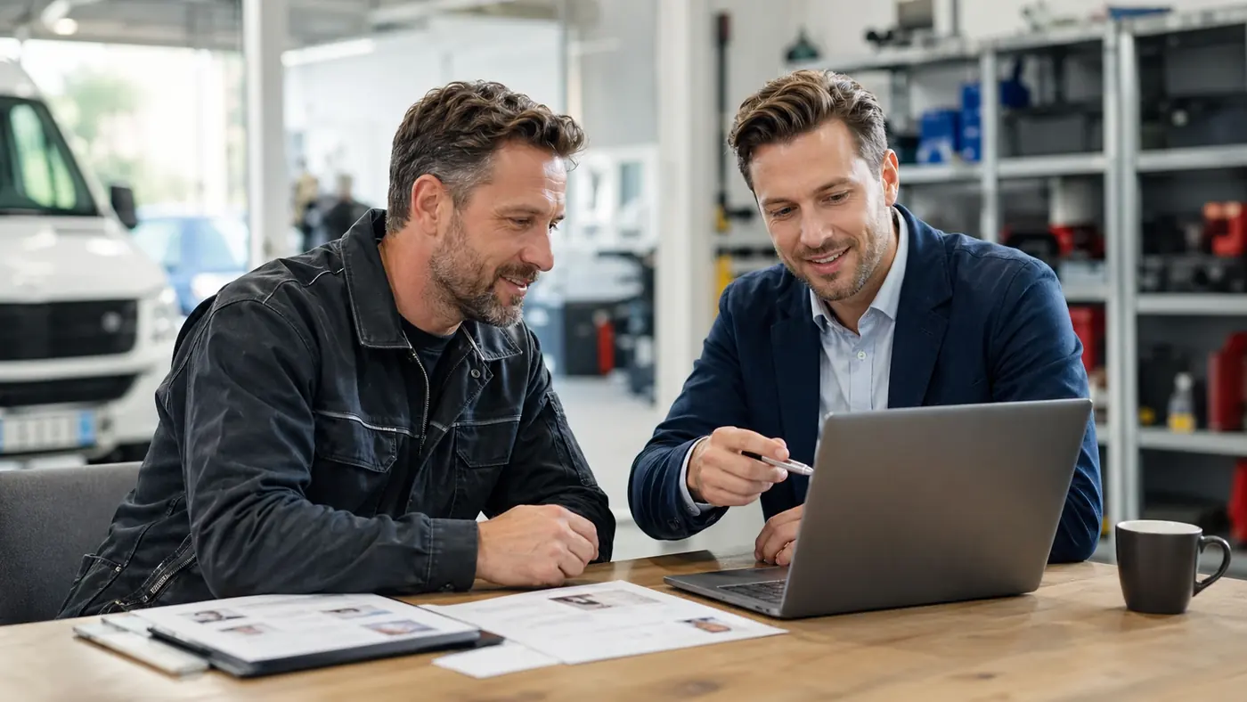 Handwerksunternehmer bespricht mit Recruiting-Berater am Laptop Kandidatenprofile in moderner Werkstatt – Symbolbild für Personalvermittlung im Handwerk, Bewerberauswahl und Recruiting-Alternativen