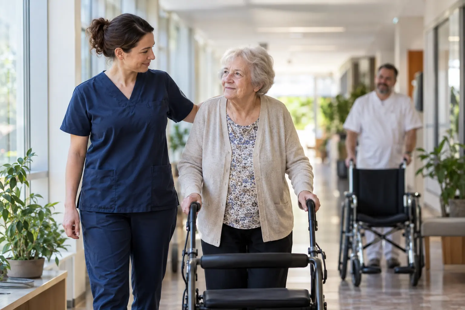 Pflegefachkraft begleitet eine Bewohnerin mit Rollator über den hellen Flur einer Pflegeeinrichtung