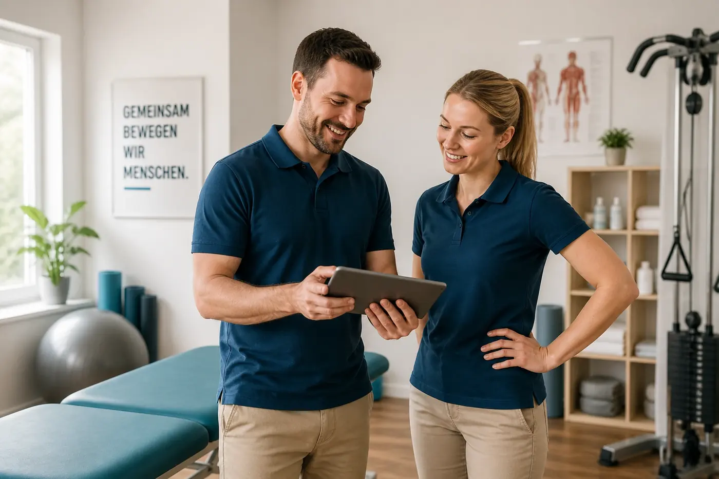 Praxisinhaber und Physiotherapeuten im hellen Behandlungsraum einer modernen Physiotherapiepraxis – Symbolbild für Mitarbeitersuche, Fachkräftemangel und Bewerbergewinnung in der Physiotherapie